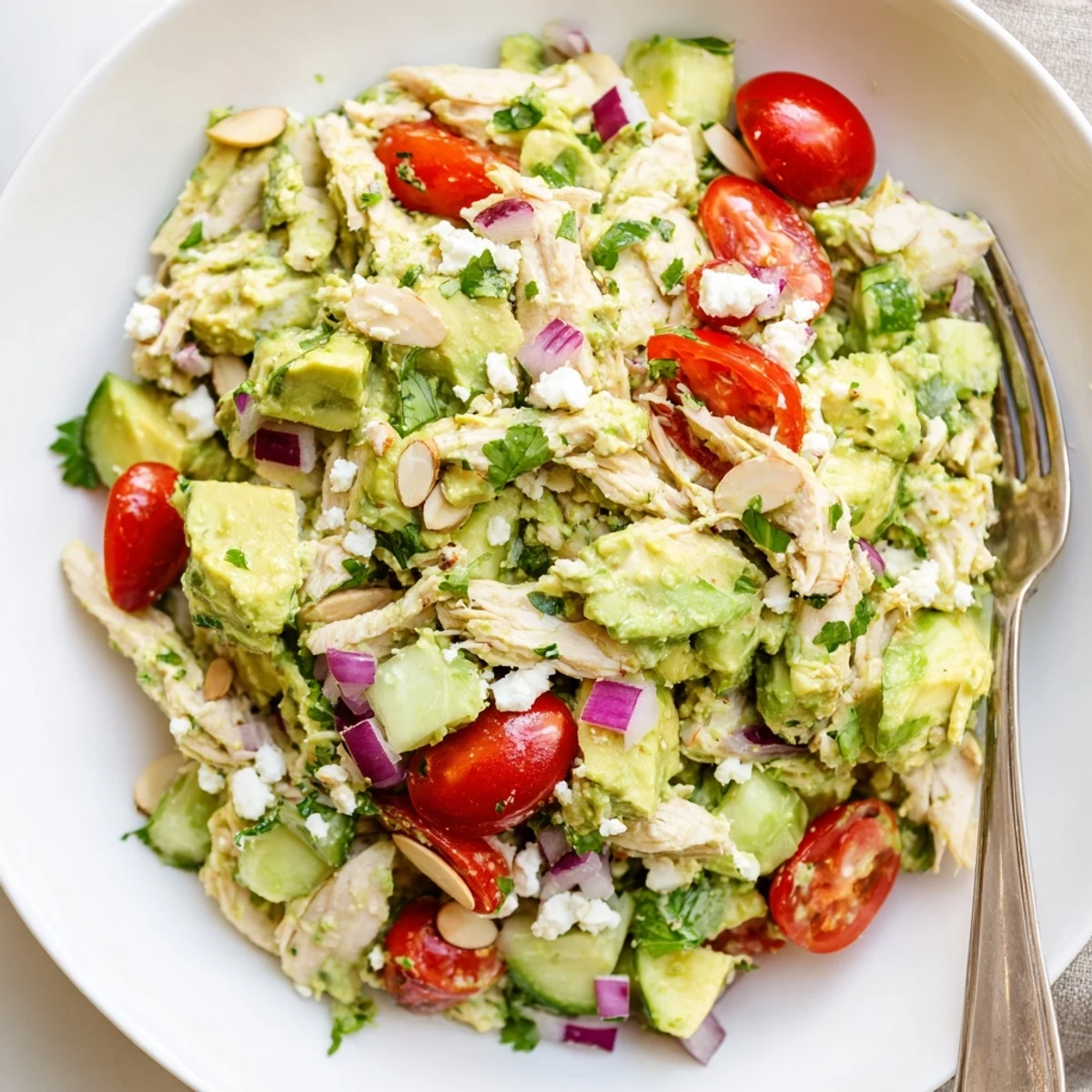 Picnic-ready Avocado Chicken Salad tossed with cilantro, feta, and zesty lime