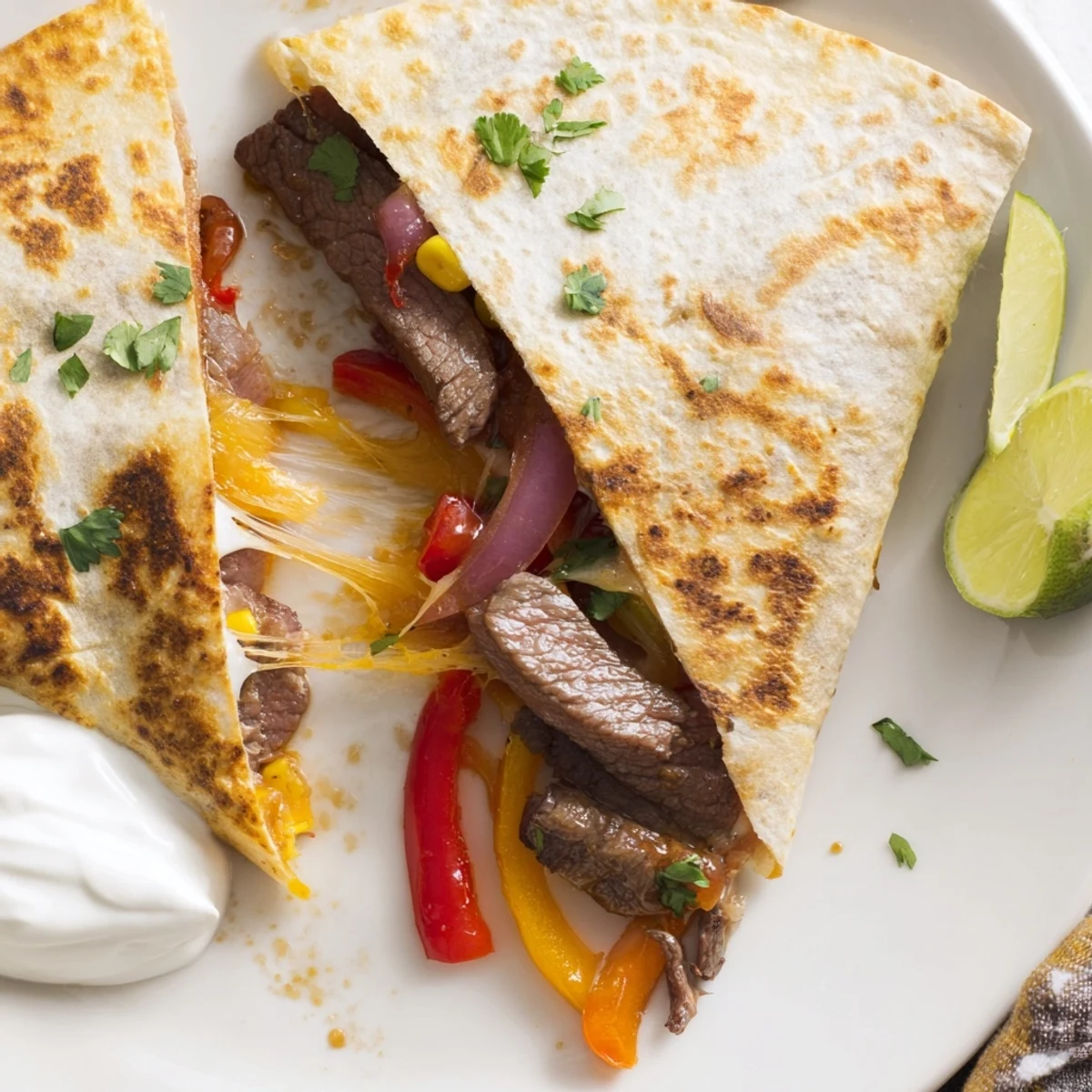 Sweet Savory Beef Quesadillas recipe: golden crisp tortillas, melted cheese, caramelized beef.