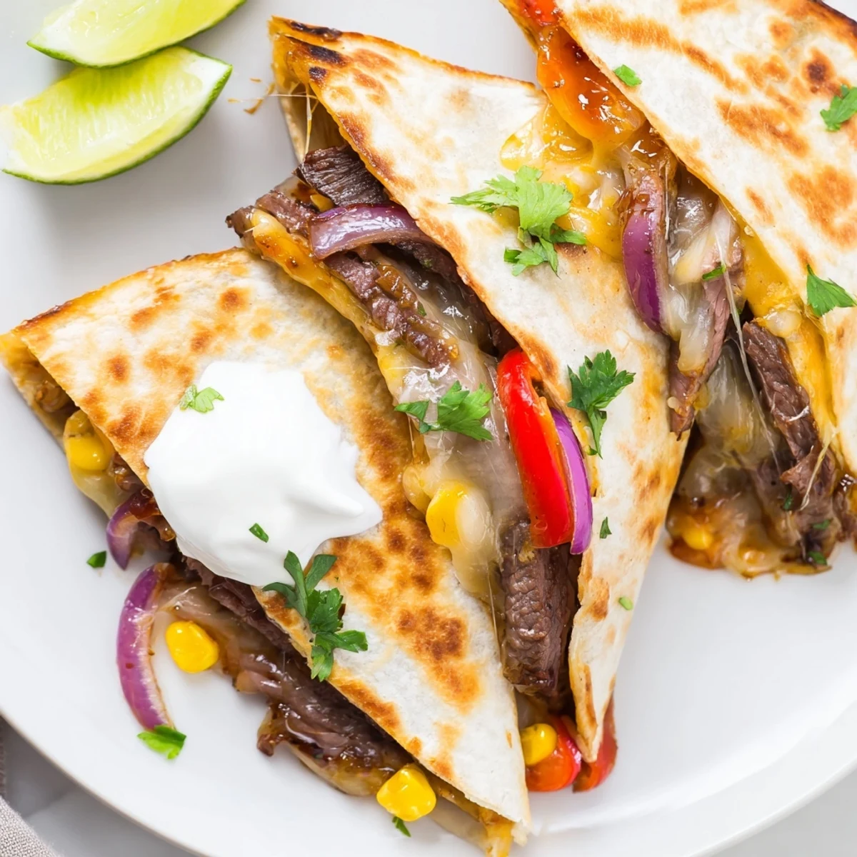 Warm Sweet Savory Beef Quesadillas piled on plate with lime and cilantro.