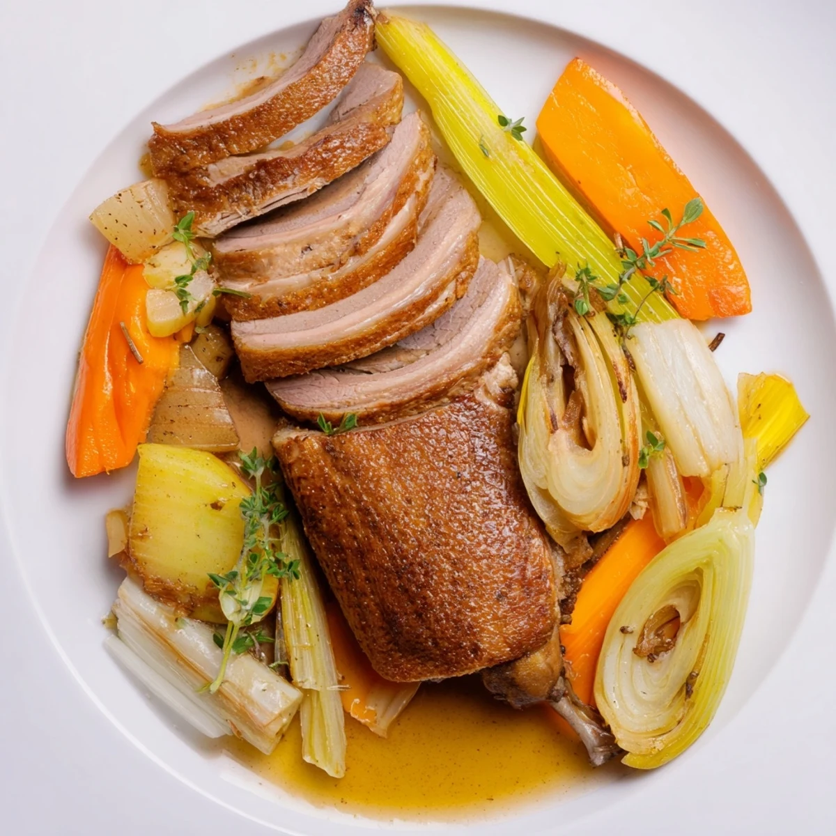 Crispy Braised Duck With Savory Vegetables, golden skin glistening over roasted vegetables