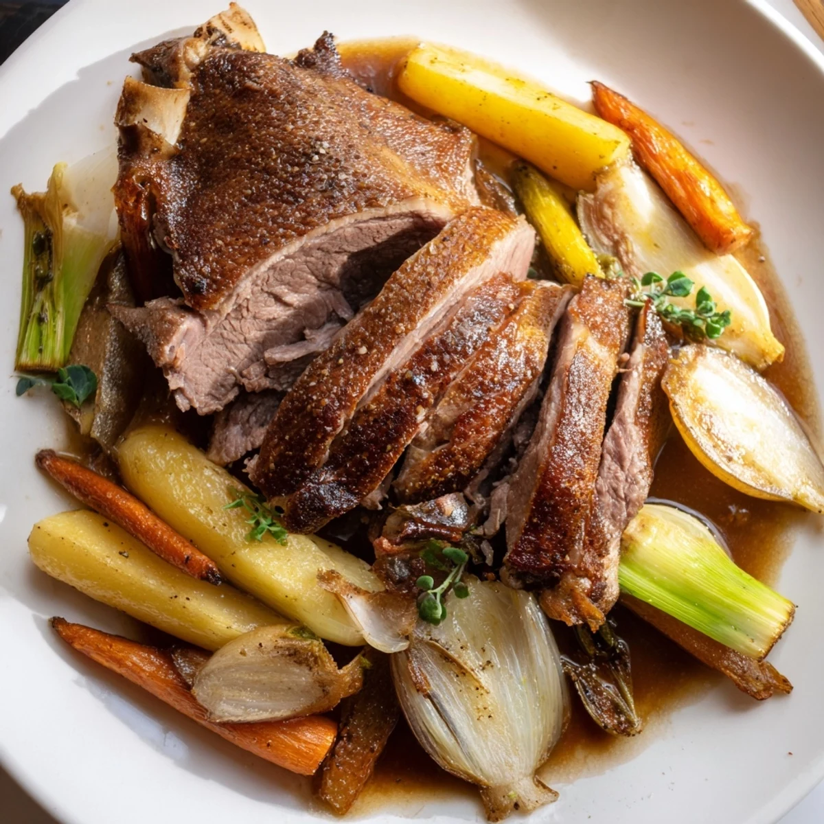 Slow roasted Crispy Braised Duck With Savory Vegetables resting on aromatic pan juices