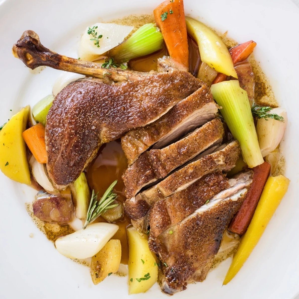 Carved Crispy Braised Duck With Savory Vegetables served with thyme scented braising liquid