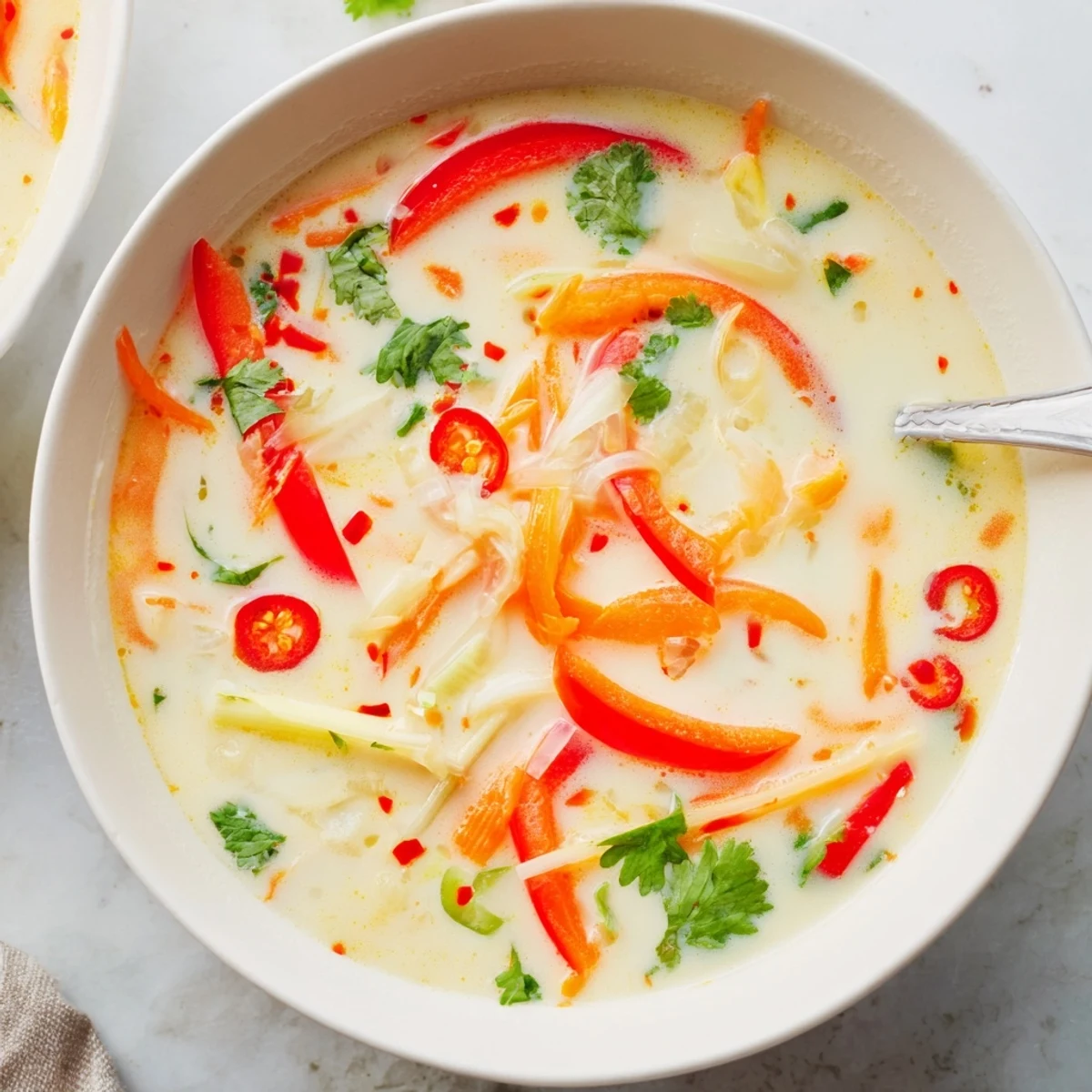 Steaming bowl of Ginger Lemongrass Coconut Soup topped with cilantro and chili