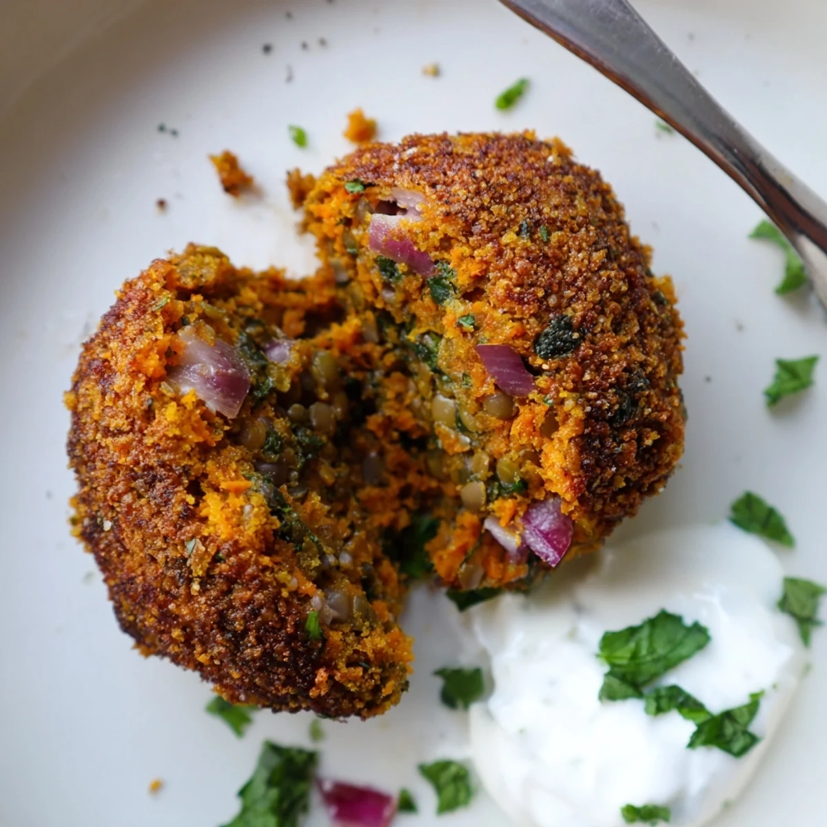 Crispy Sweet Potato Lentil Patties sizzling golden, served with creamy yogurt dip.