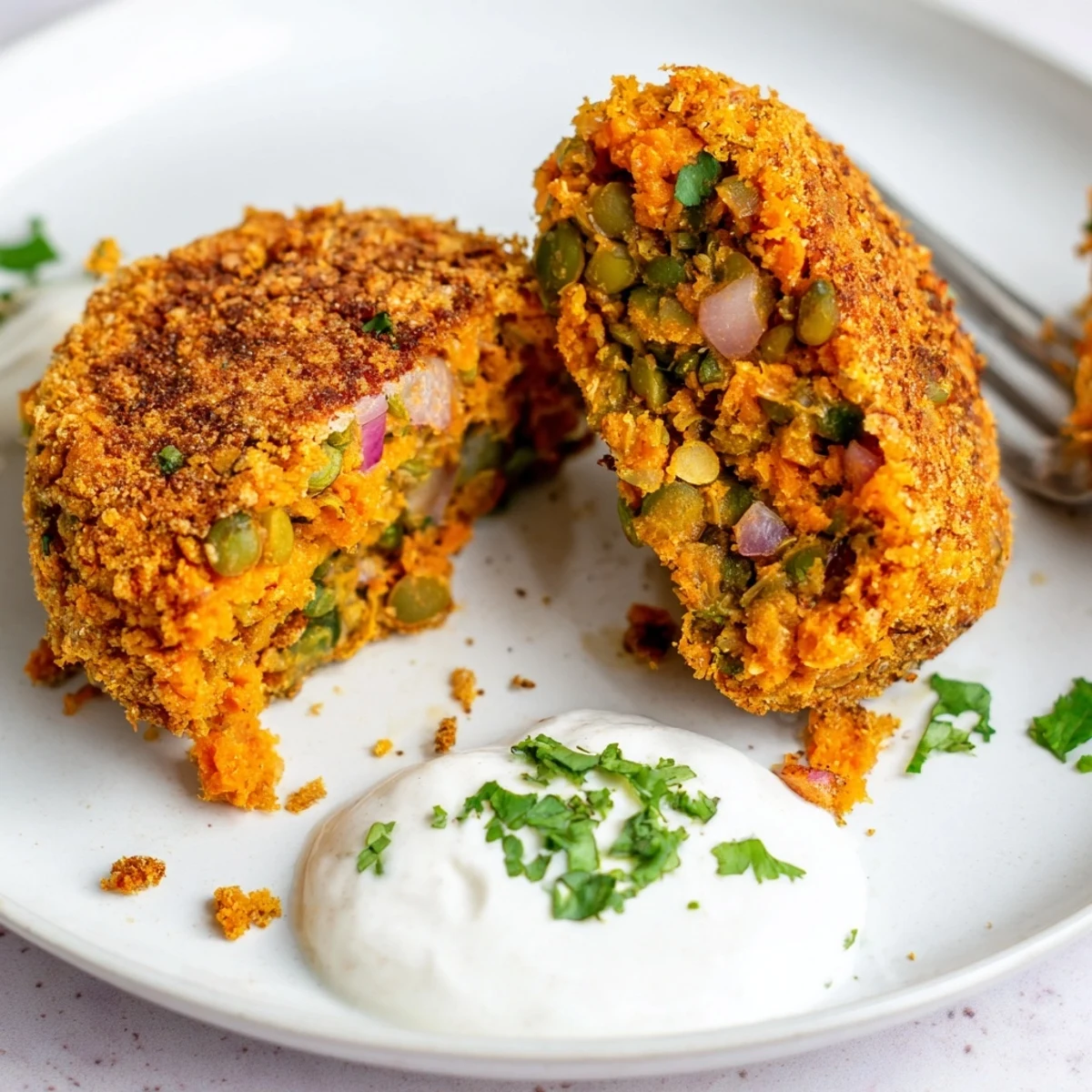 Stack of Crispy Sweet Potato Lentil Patties with fresh cilantro and avocado.