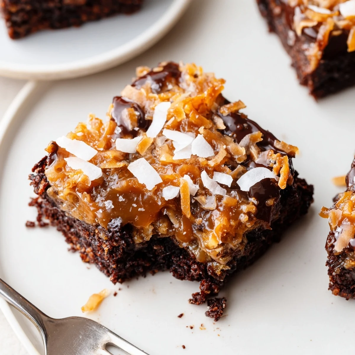 Warm Samoa Brownies served on parchment, chocolate drizzle glistening over edges