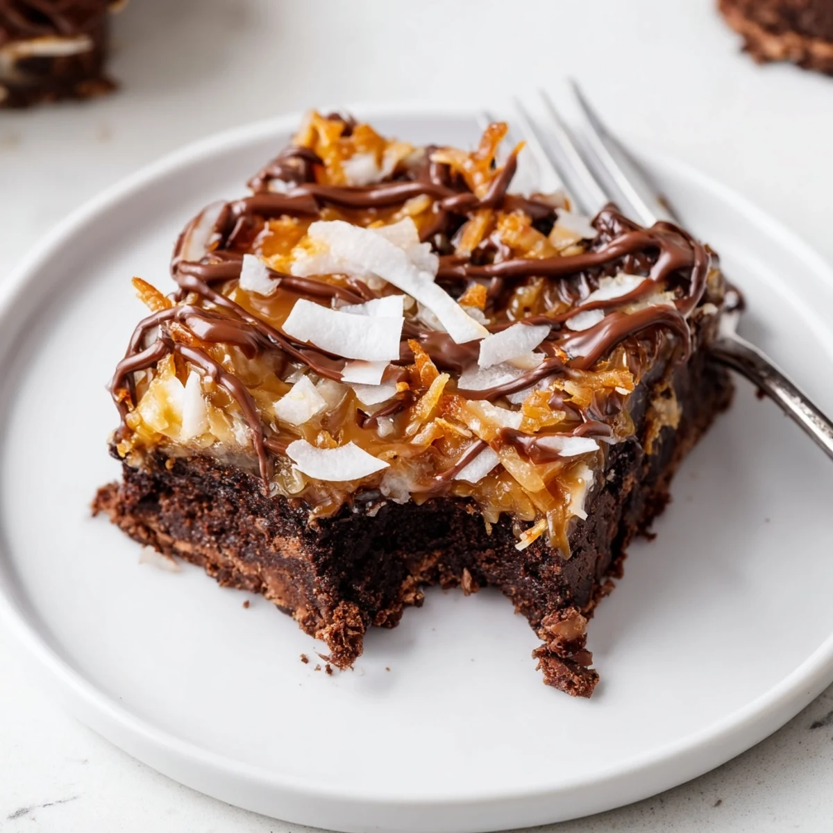 Thick Samoa Brownies layered with silky caramel, toasted coconut, chocolate drizzle