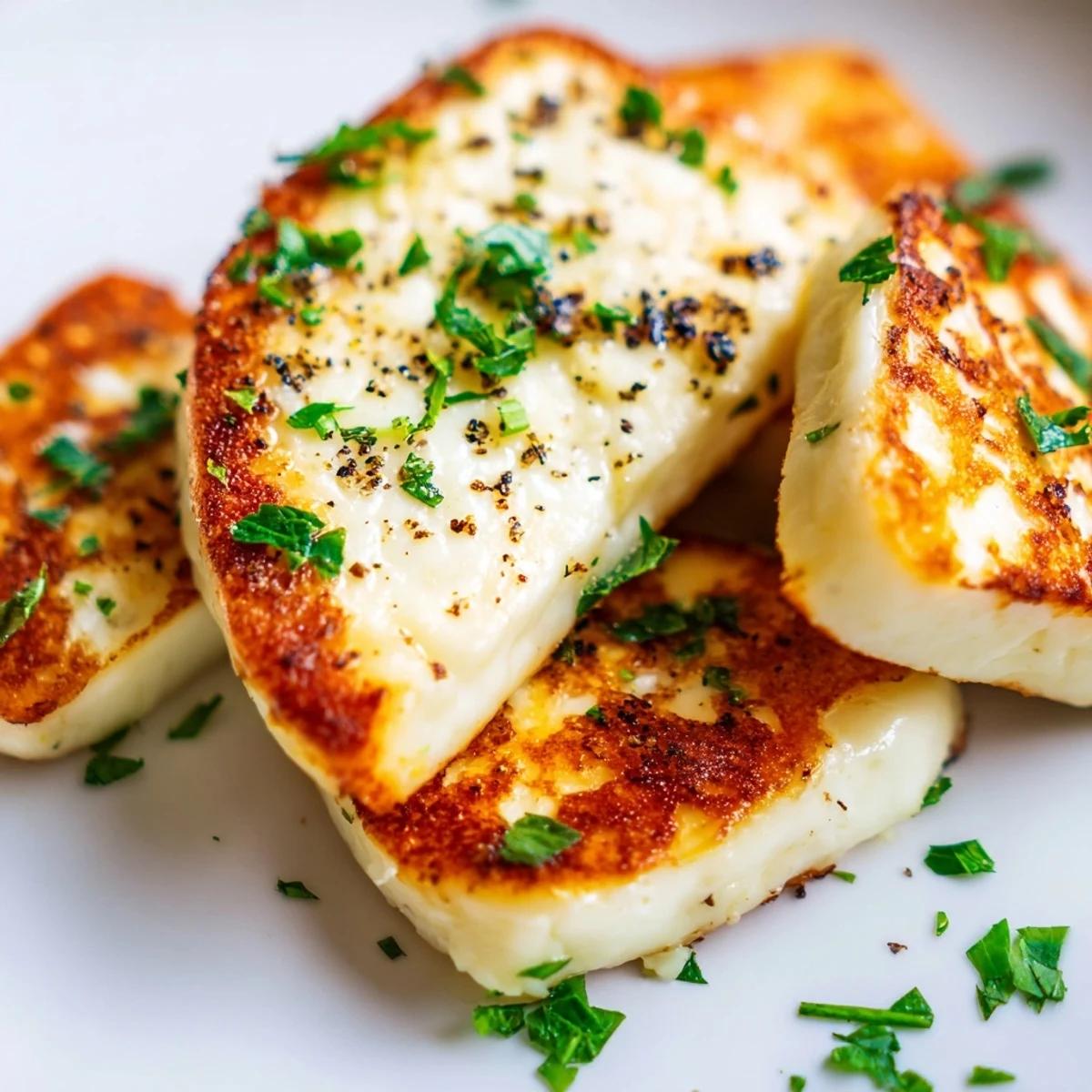 Golden pan fried halloumi cheese sizzling in skillet with fresh lemon wedges and parsley garnish