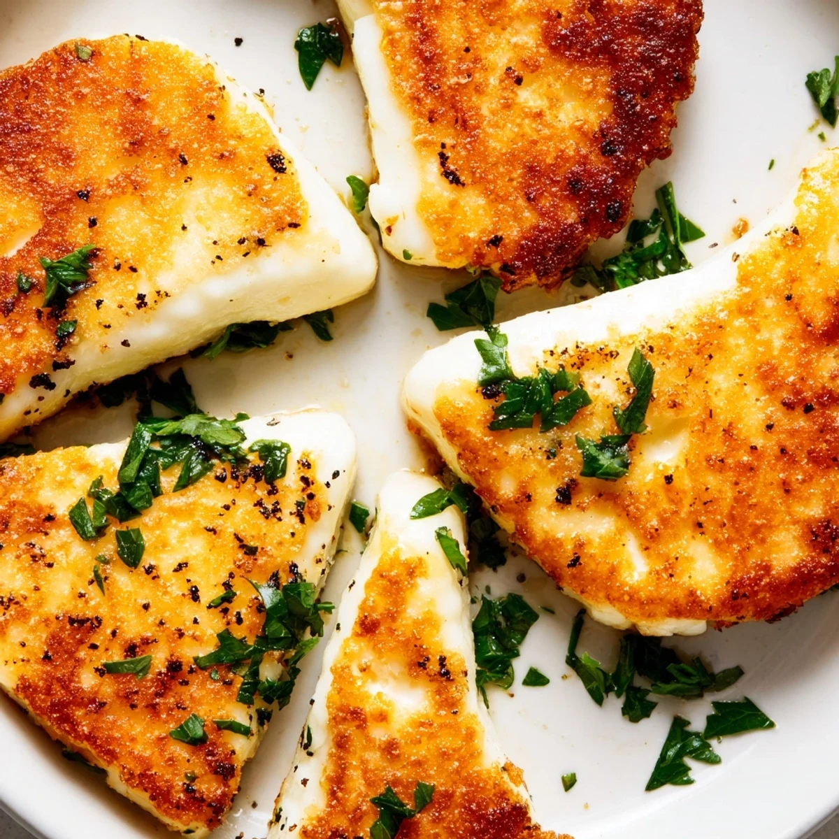 Crispy Mediterranean pan fried halloumi slices arranged on white plate with black pepper and herbs
