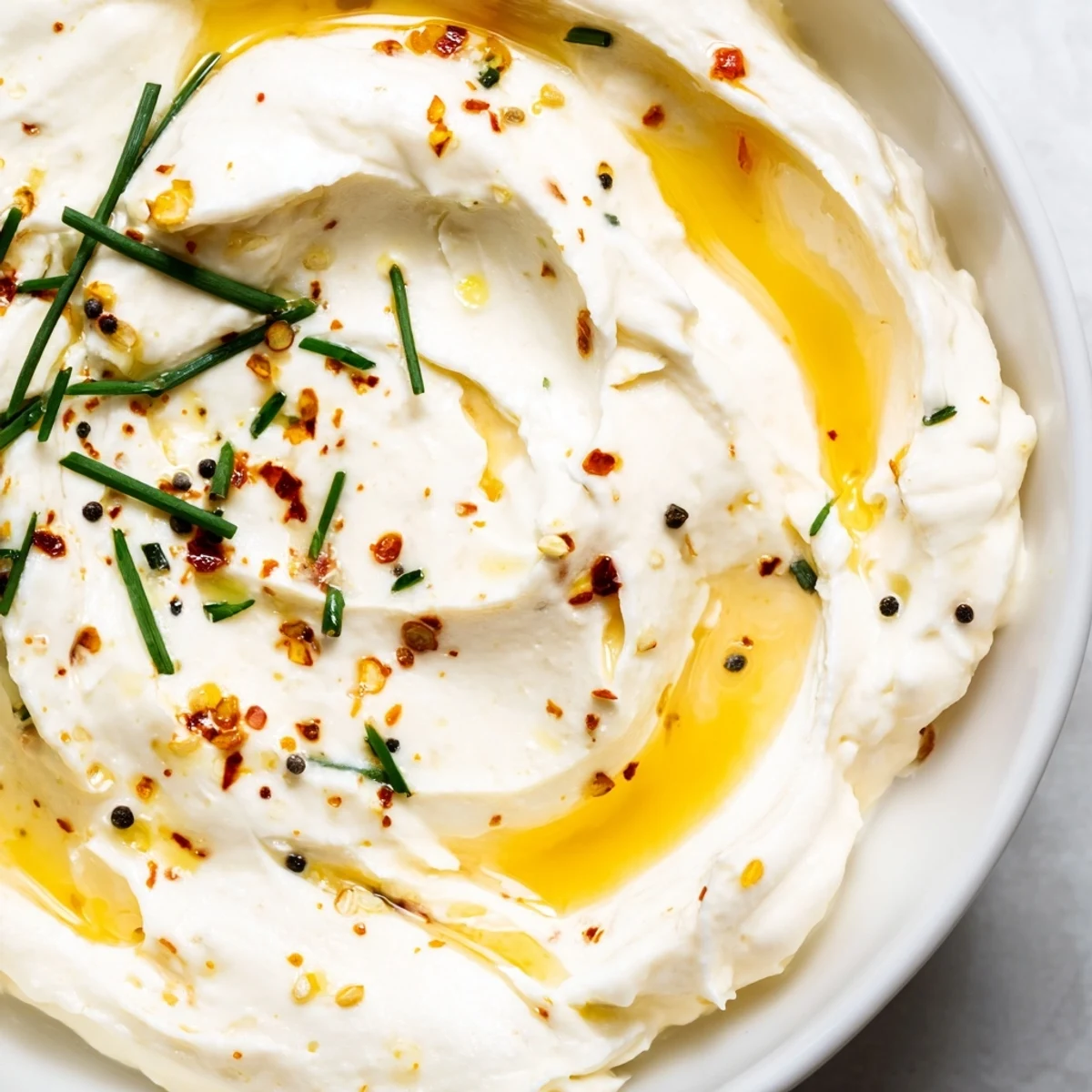 Creamy whipped feta dip topped with golden spicy hot honey and fresh herbs