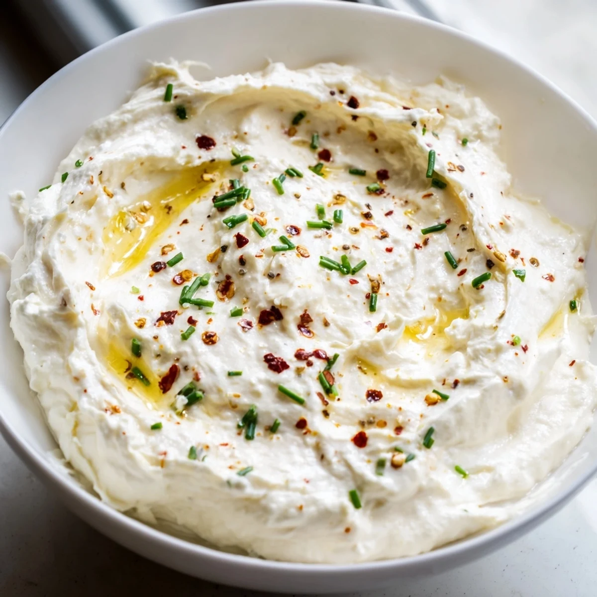 Tangy whipped feta bowl with sweet hot honey glaze served with crusty bread