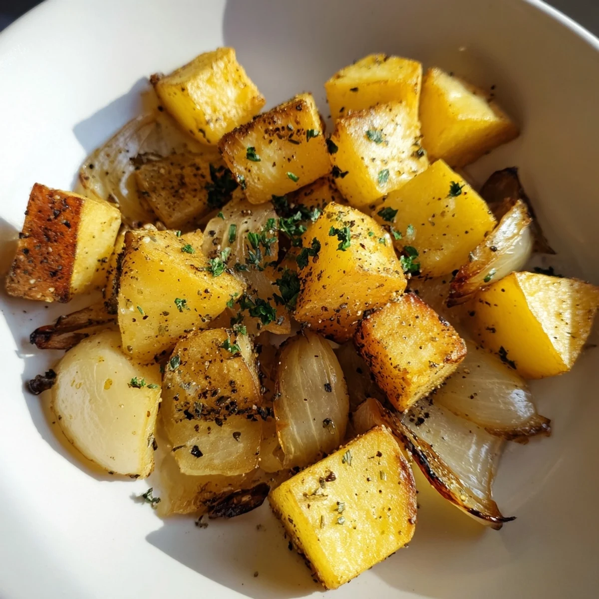 Golden roasted potatoes and onions caramelized to perfection with olive oil and herbs