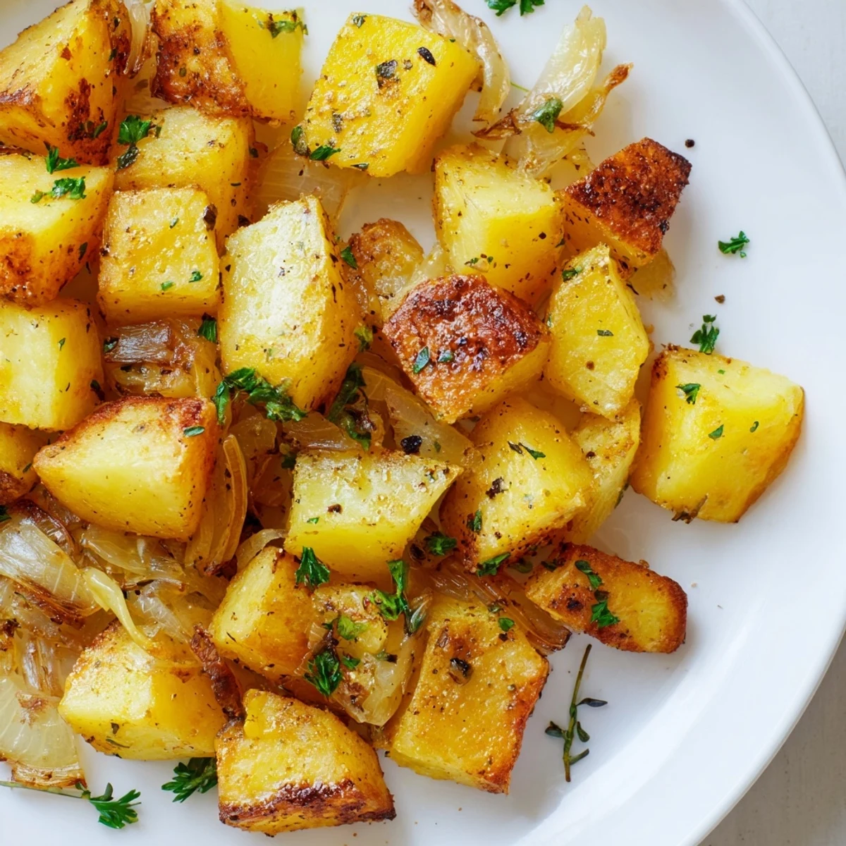 Crispy roasted potatoes and onions arranged on a baking sheet with fresh parsley garnish
