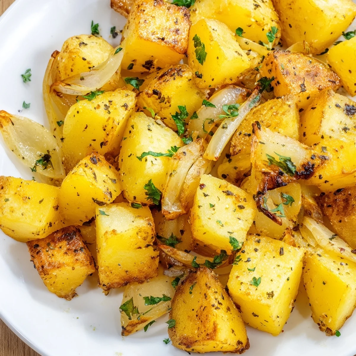 Comforting side dish of roasted potatoes and onions seasoned with thyme and black pepper