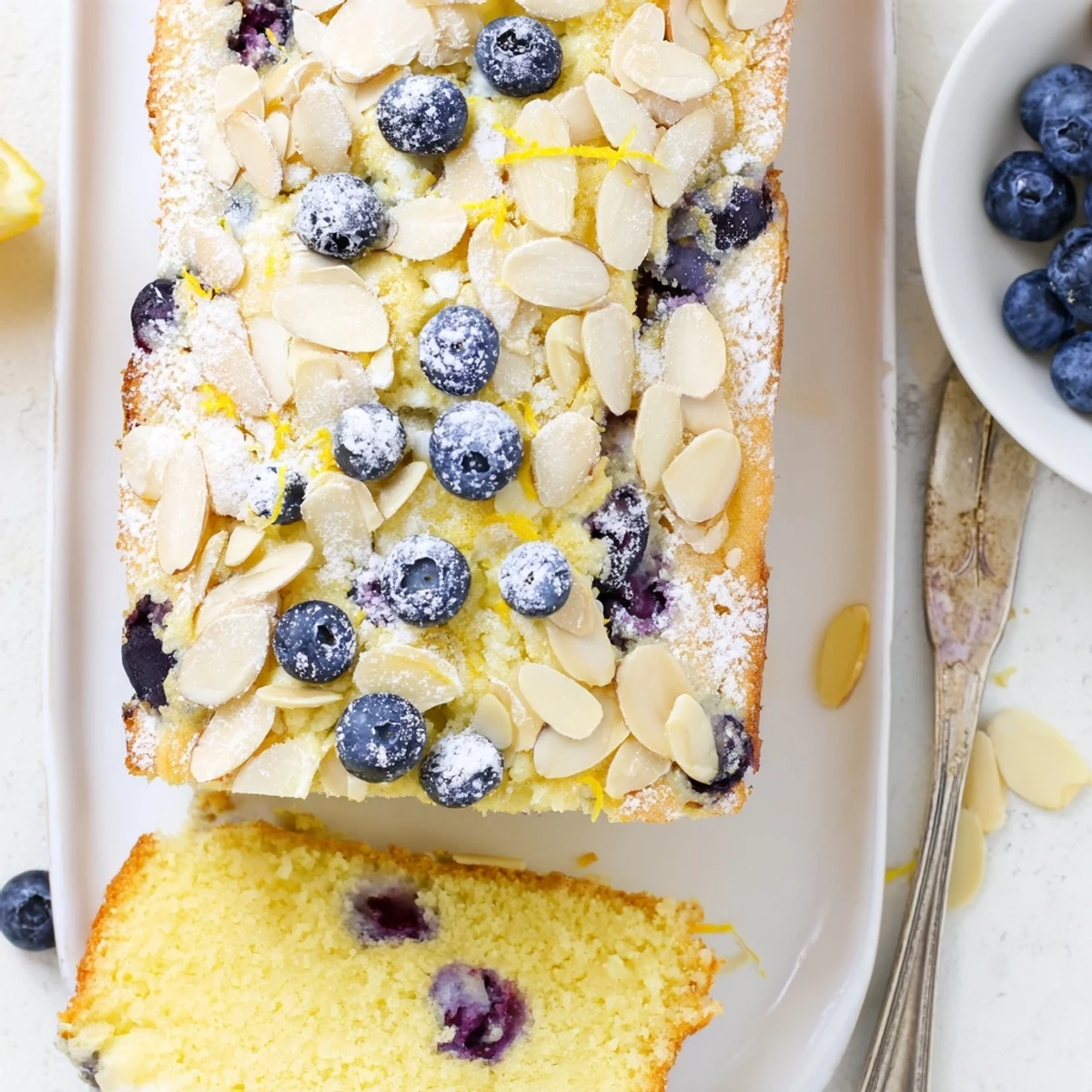 Golden lemon blueberry poke cake topped with toasted sliced almonds and fresh blueberries on a white serving plate