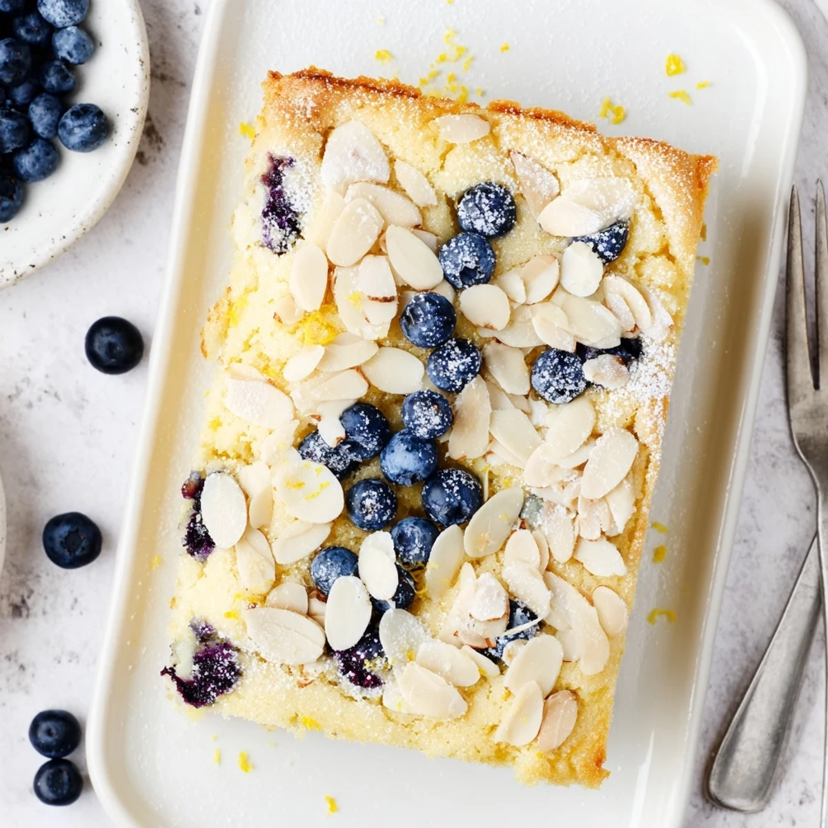 Square slice of lemon blueberry poke cake showing pudding-filled layers with caramelized almond topping and juicy berries