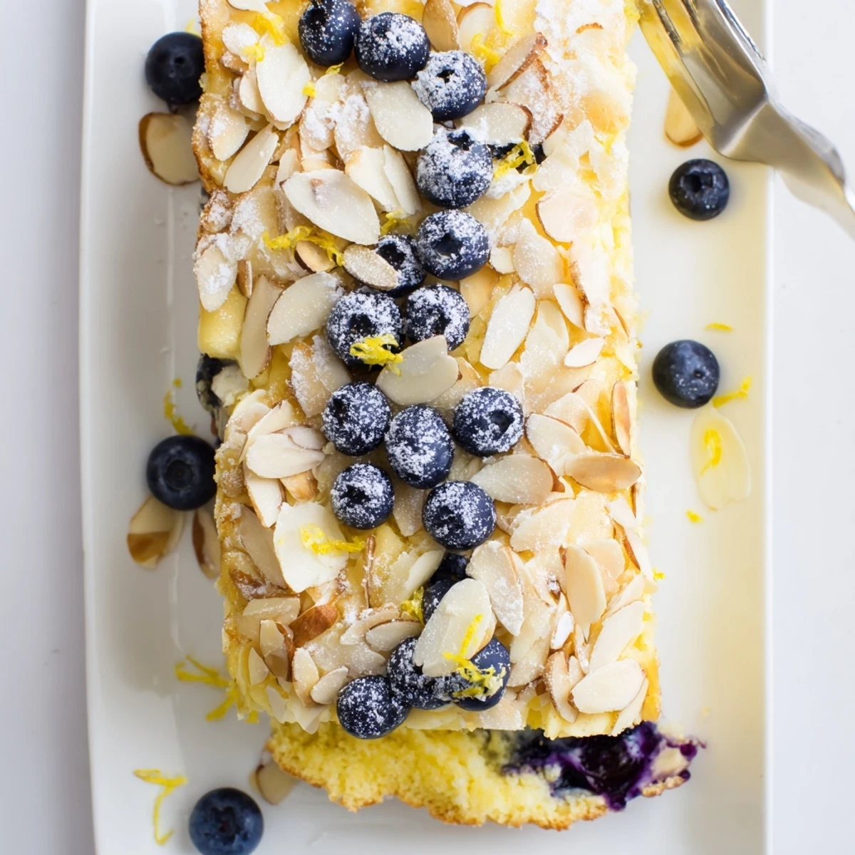 Moist lemon blueberry poke cake with crunchy almond topping dusted with powdered sugar and garnished with lemon zest