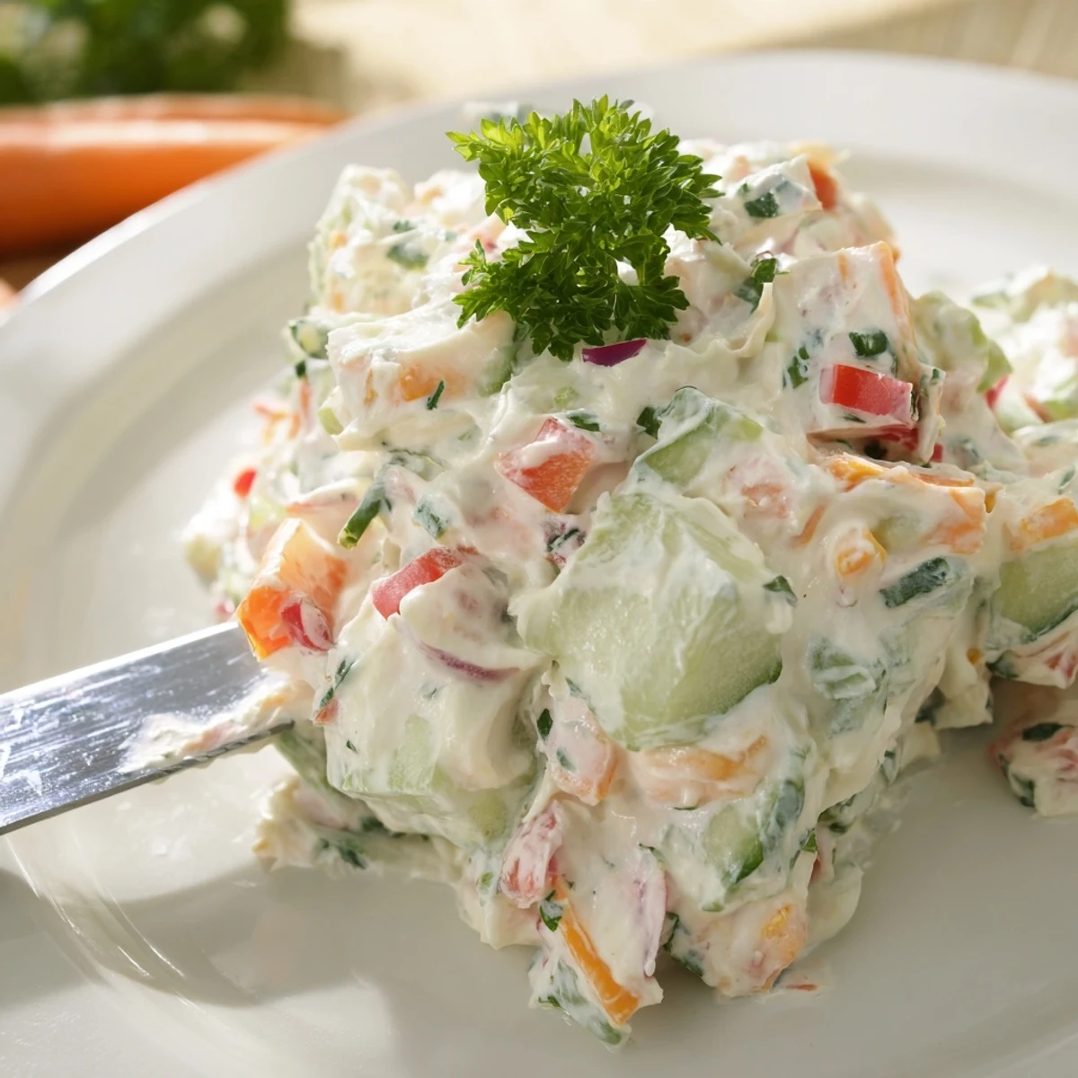 Creamy garden vegetable spread with colorful diced vegetables ready for serving