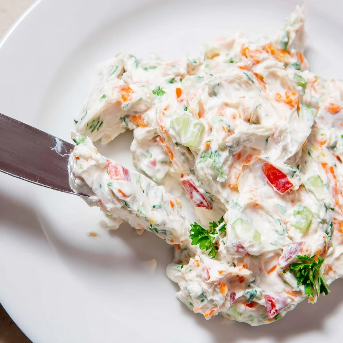 Whipped garden vegetable spread topped with parsley served alongside crispy crackers and sliced bread