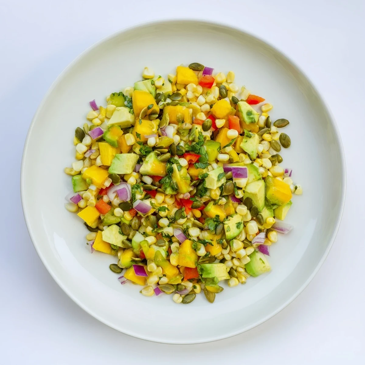 Colorful tropical charred corn and avocado salad bowl with fresh pineapple, mango, and zesty lime dressing garnished with cilantro
