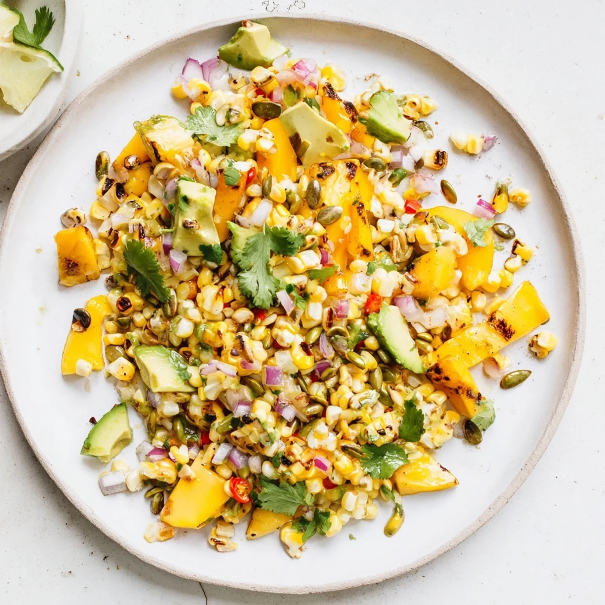 Golden charred corn tossed with ripe avocado chunks, red bell pepper, and tropical mango in a refreshing lime cilantro bowl