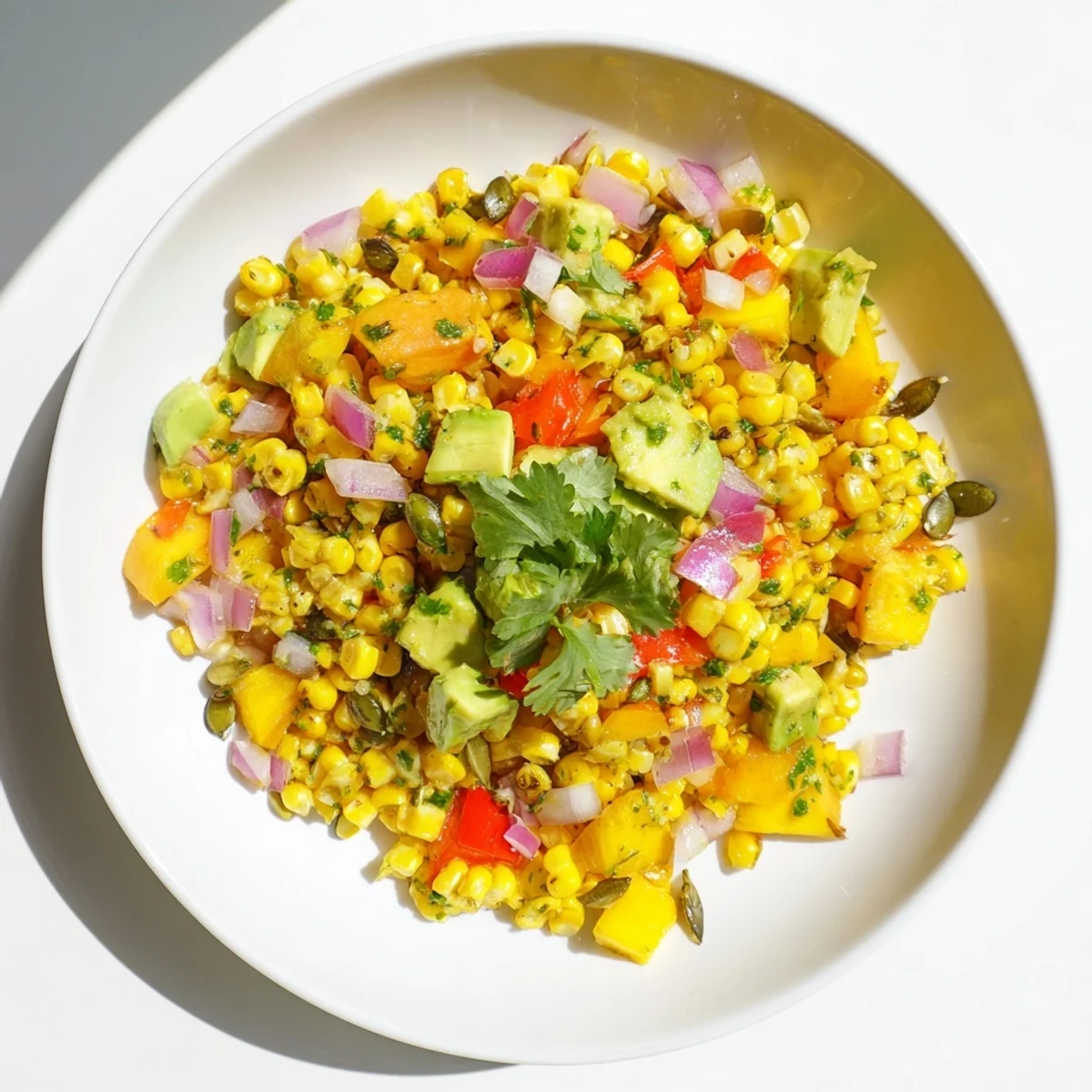 Vibrant summer salad featuring smoky grilled corn kernels, creamy diced avocado, and sweet tropical fruit in a light citrus dressing