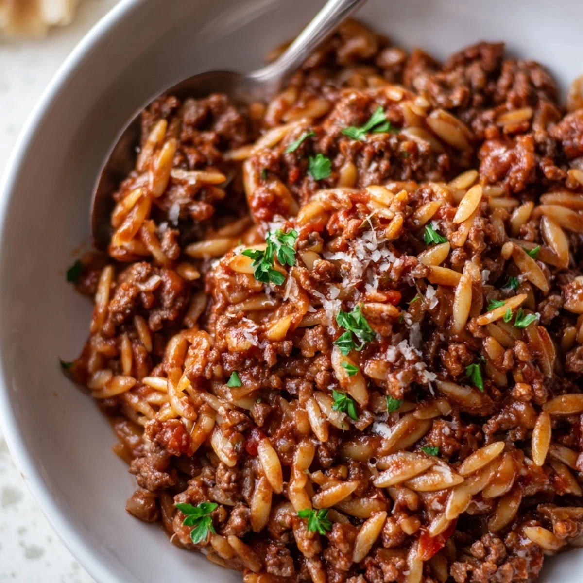 Hearty Ground Beef Orzo Greek Manestra served hot with crusty bread