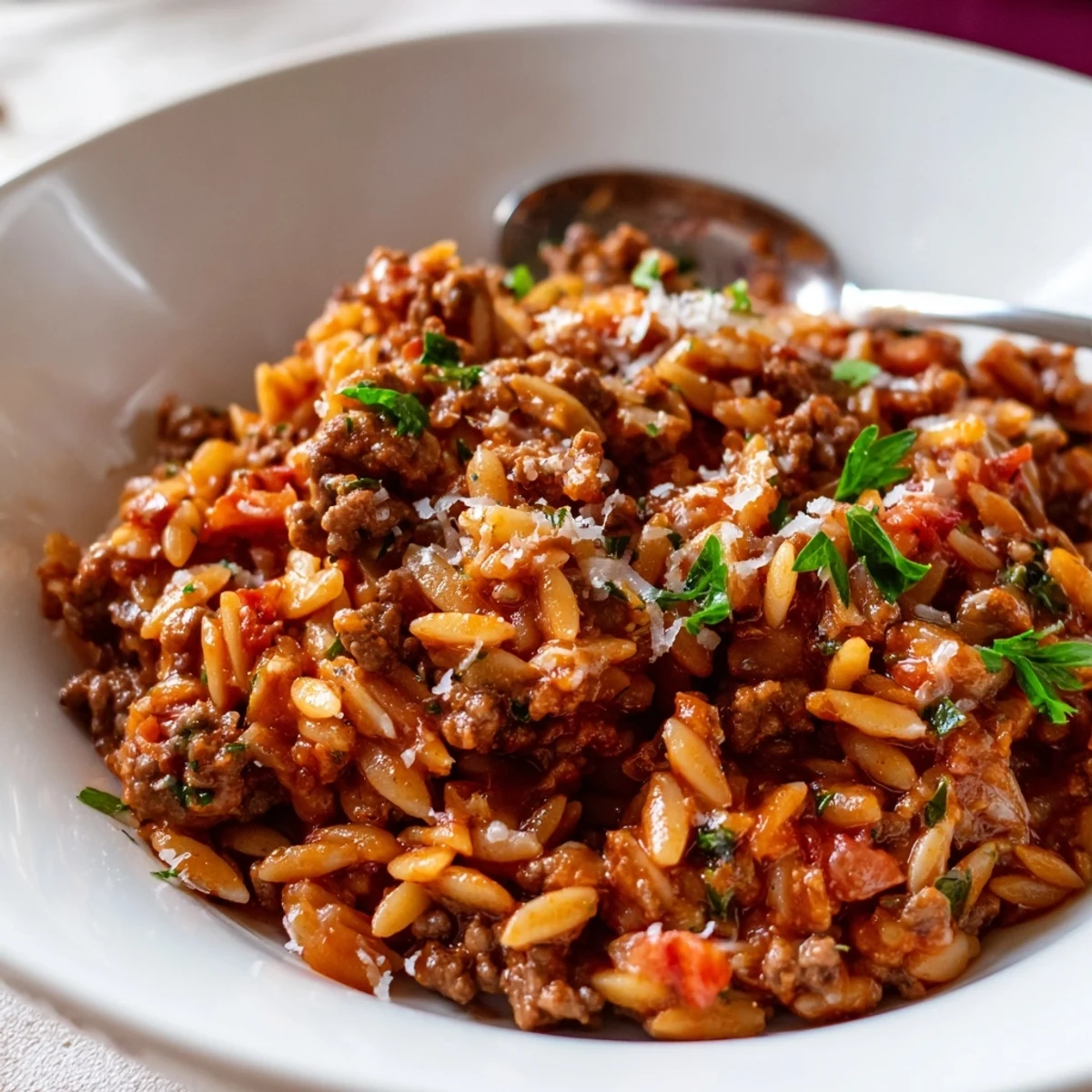 Creamy-studded Ground Beef Orzo Greek Manestra topped with melted parmesan and parsley