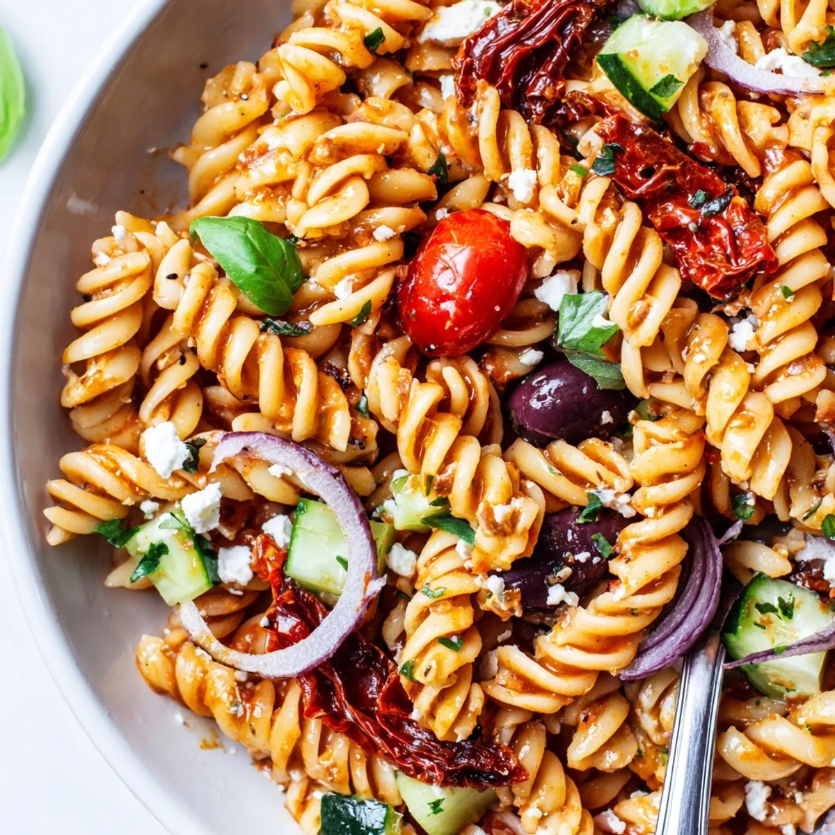 Creamy feta and olives mingle in Sun Dried Tomato Pasta Salad served cold
