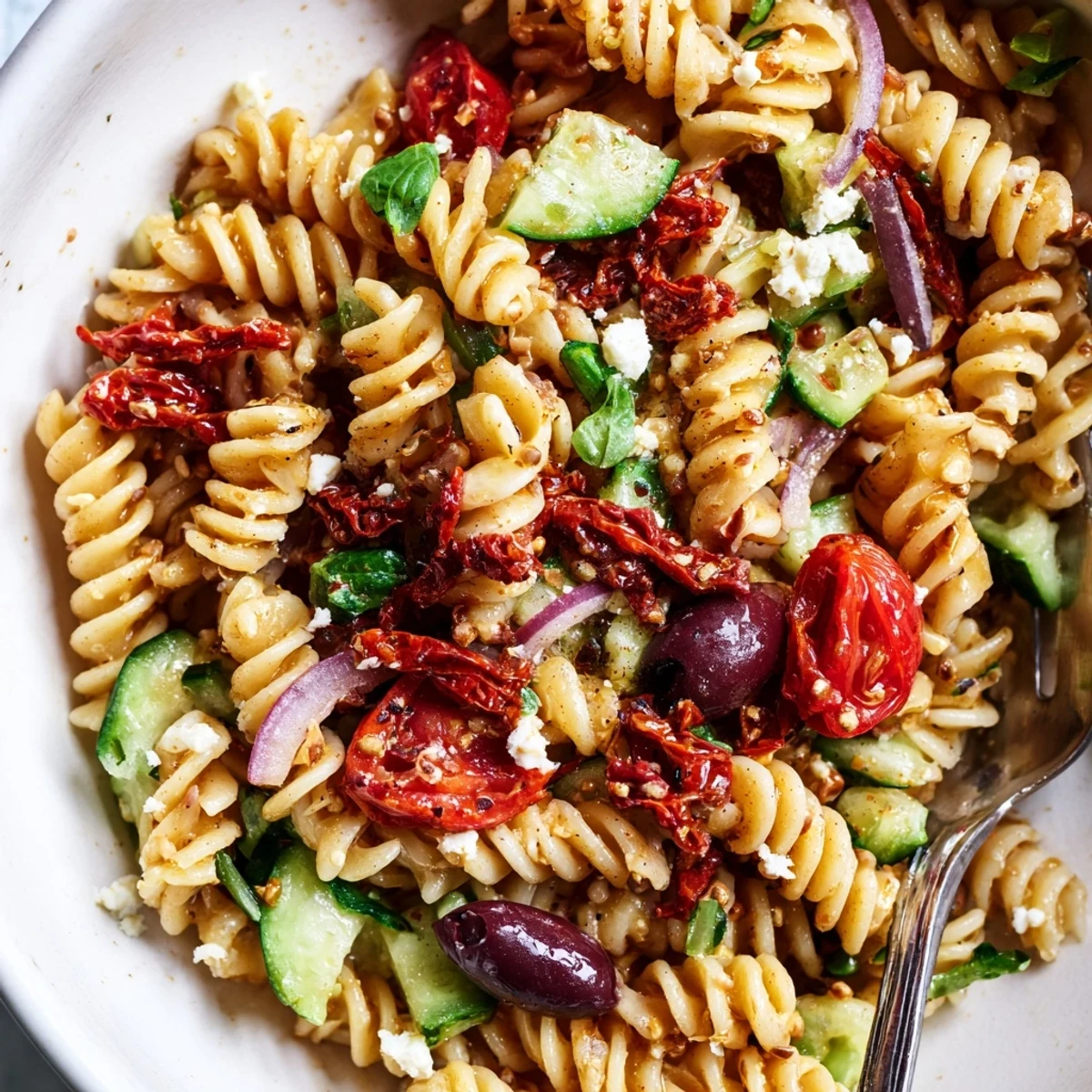 Sun Dried Tomato Pasta Salad glistening with olive oil and fresh herbs