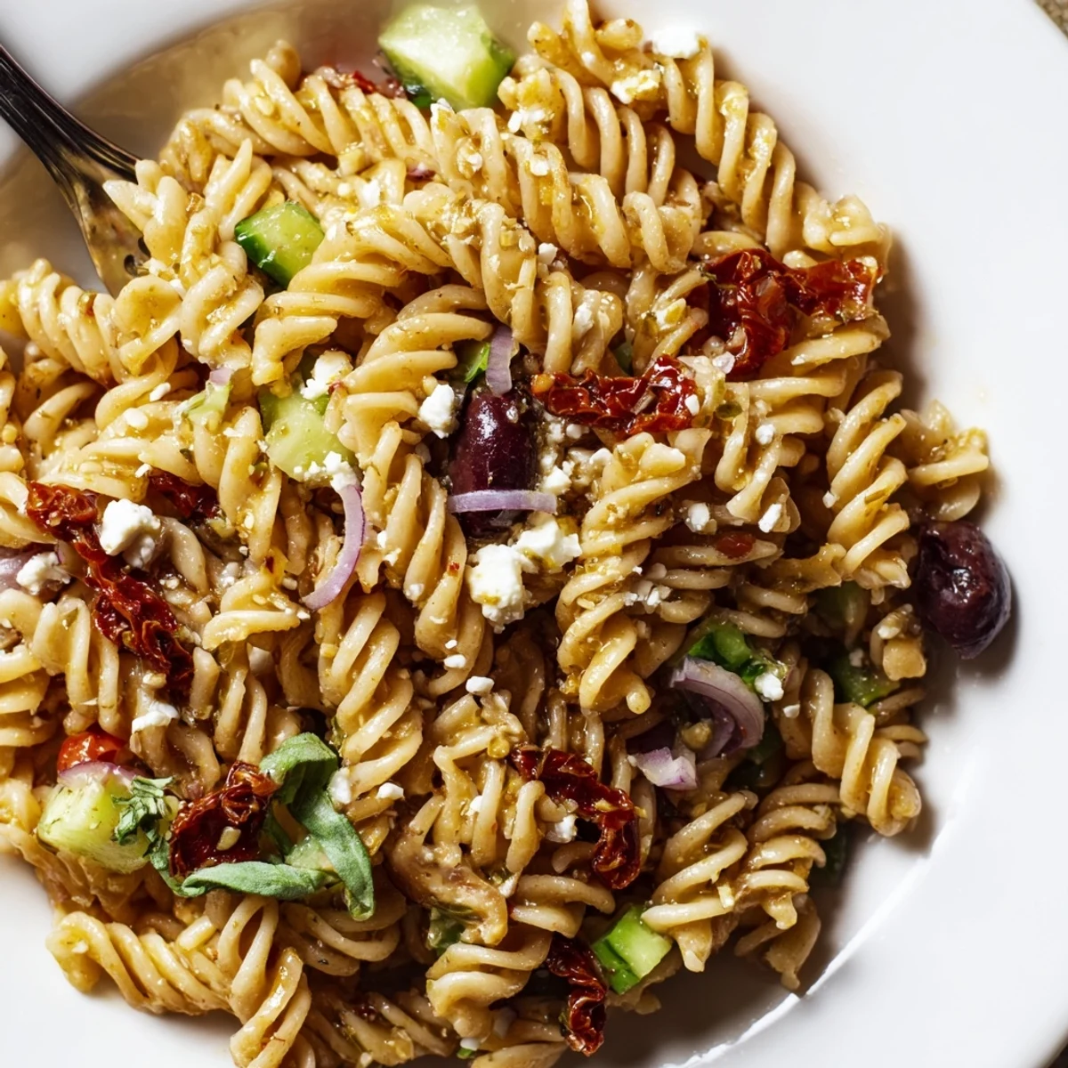 Bright, tangy Sun Dried Tomato Pasta Salad tossed with basil, crisp cucumber