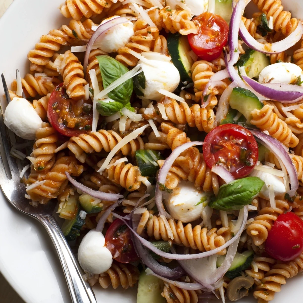 Italian Pasta Salad with glossy mozzarella and crisp tomatoes, perfect for picnics