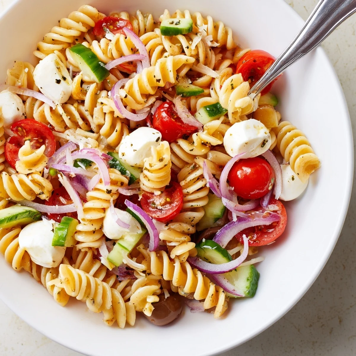 Chilled Italian Pasta Salad tossed in zesty vinaigrette, ideal for summer barbecues