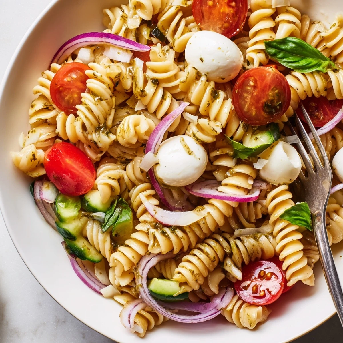 Bright Italian Pasta Salad studded with olives, basil aroma, served chilled family style