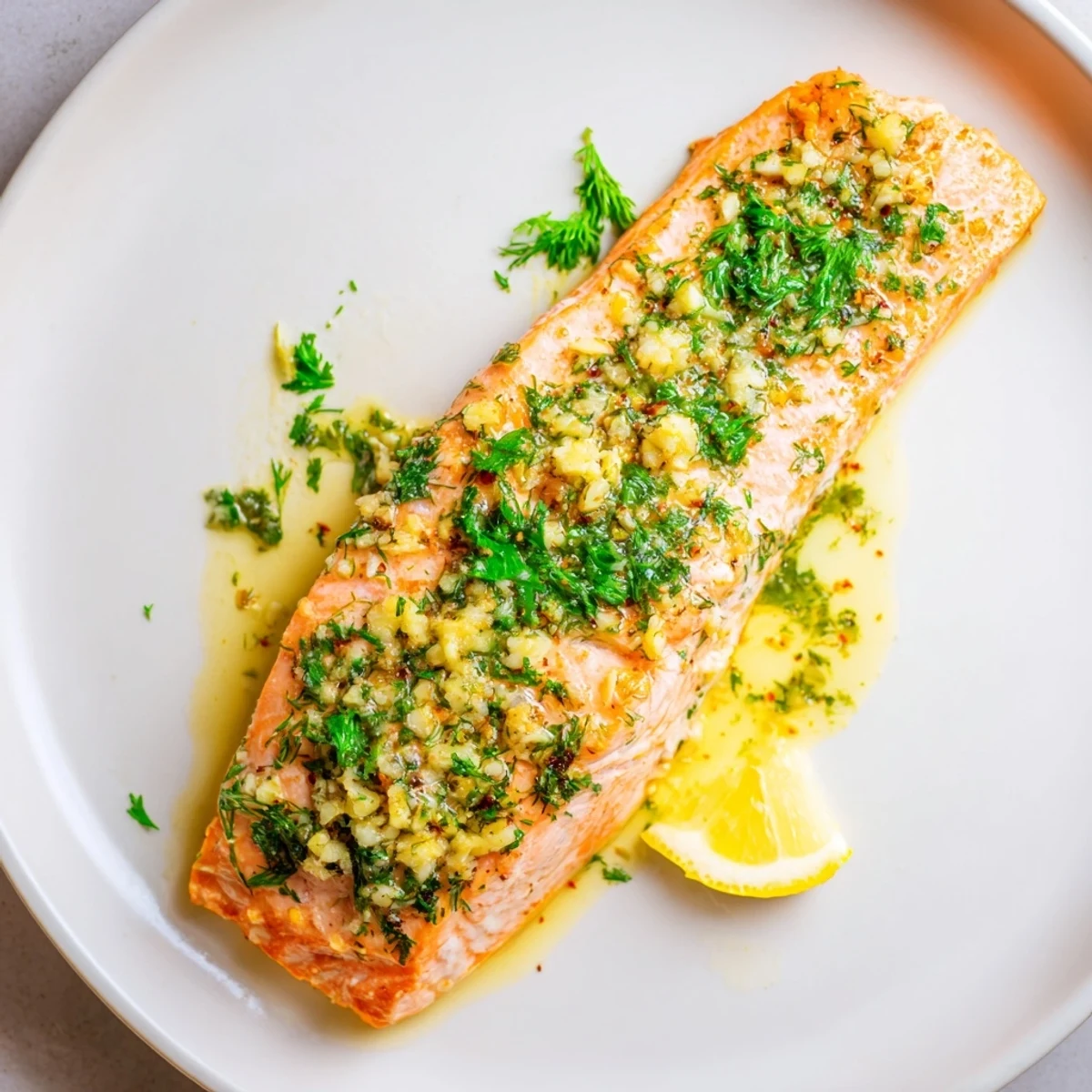 Oven-baked Garlic Butter Ghee Salmon Bake glistening with herb-studded lemon wedges