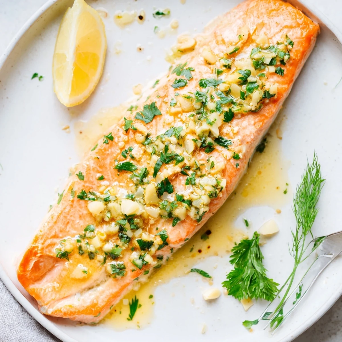 Flaky Garlic Butter Ghee Salmon Bake topped with browned garlic and parsley