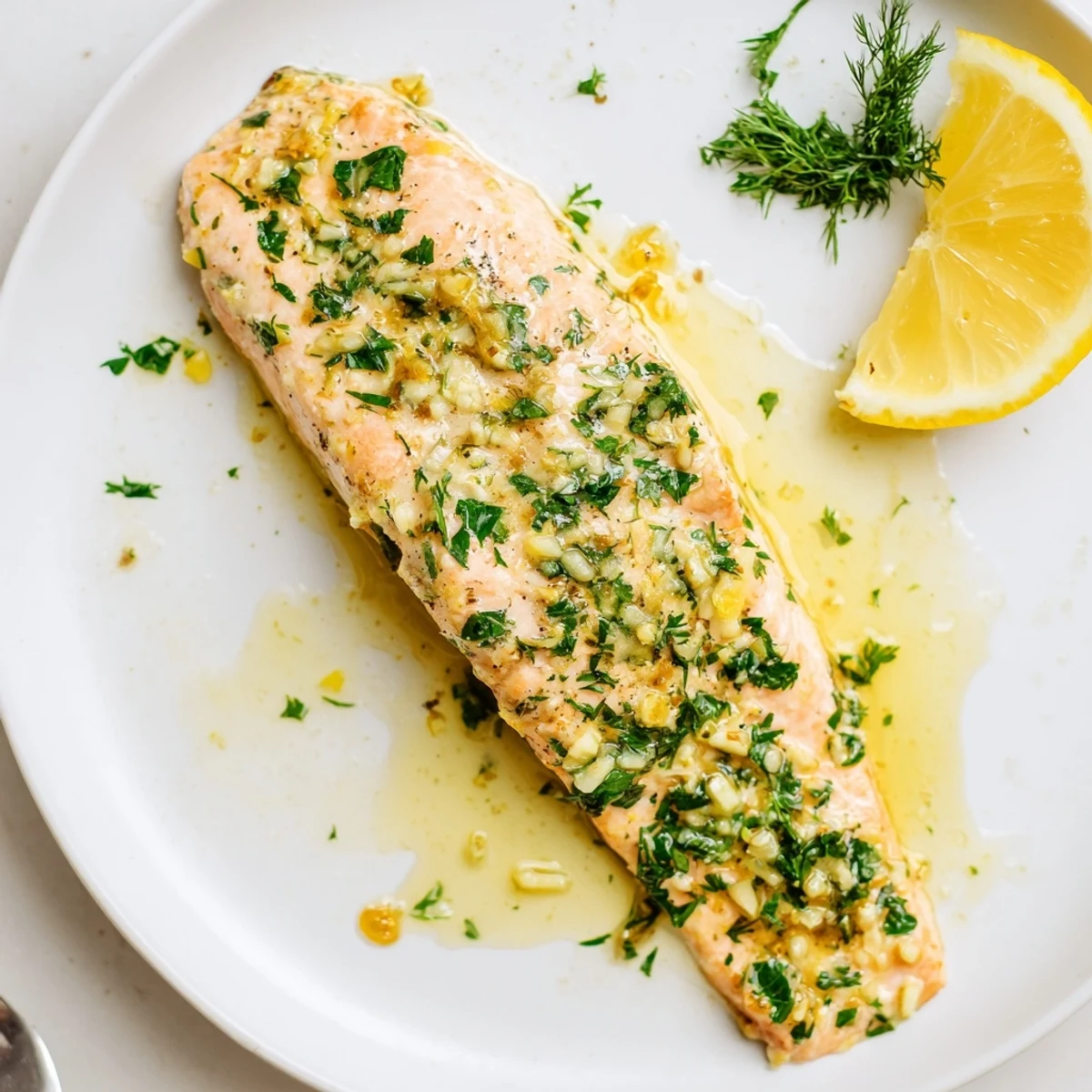 Simple weeknight Garlic Butter Ghee Salmon Bake served hot with roasted vegetables