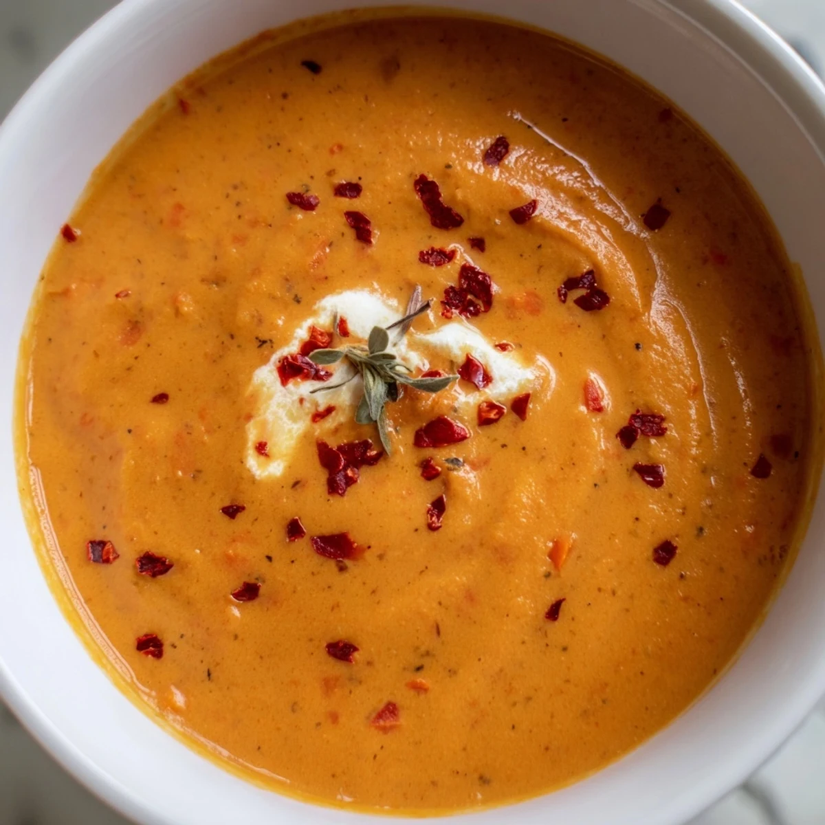 Creamy high protein tomato soup ladled into a bowl with fresh basil garnish