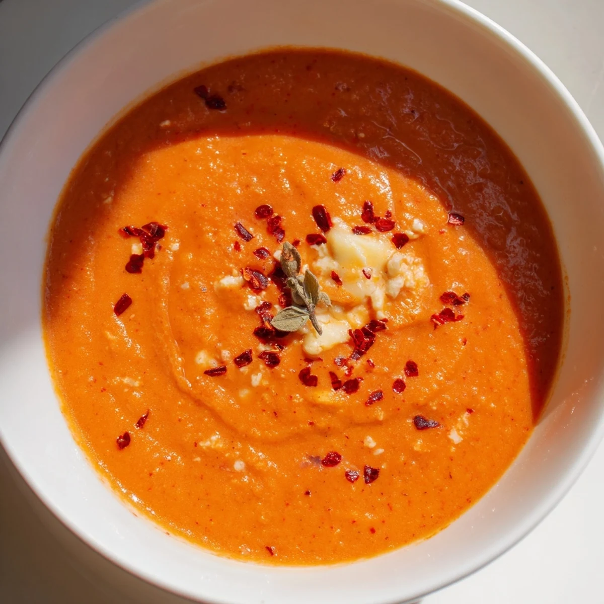 Steaming bowl of high protein tomato soup topped with a swirl of yogurt