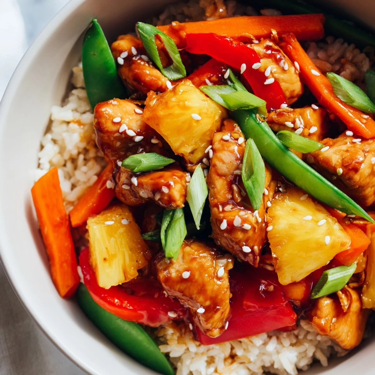 Golden pineapple chicken rice bowl glistening with savory sauce and fresh cilantro