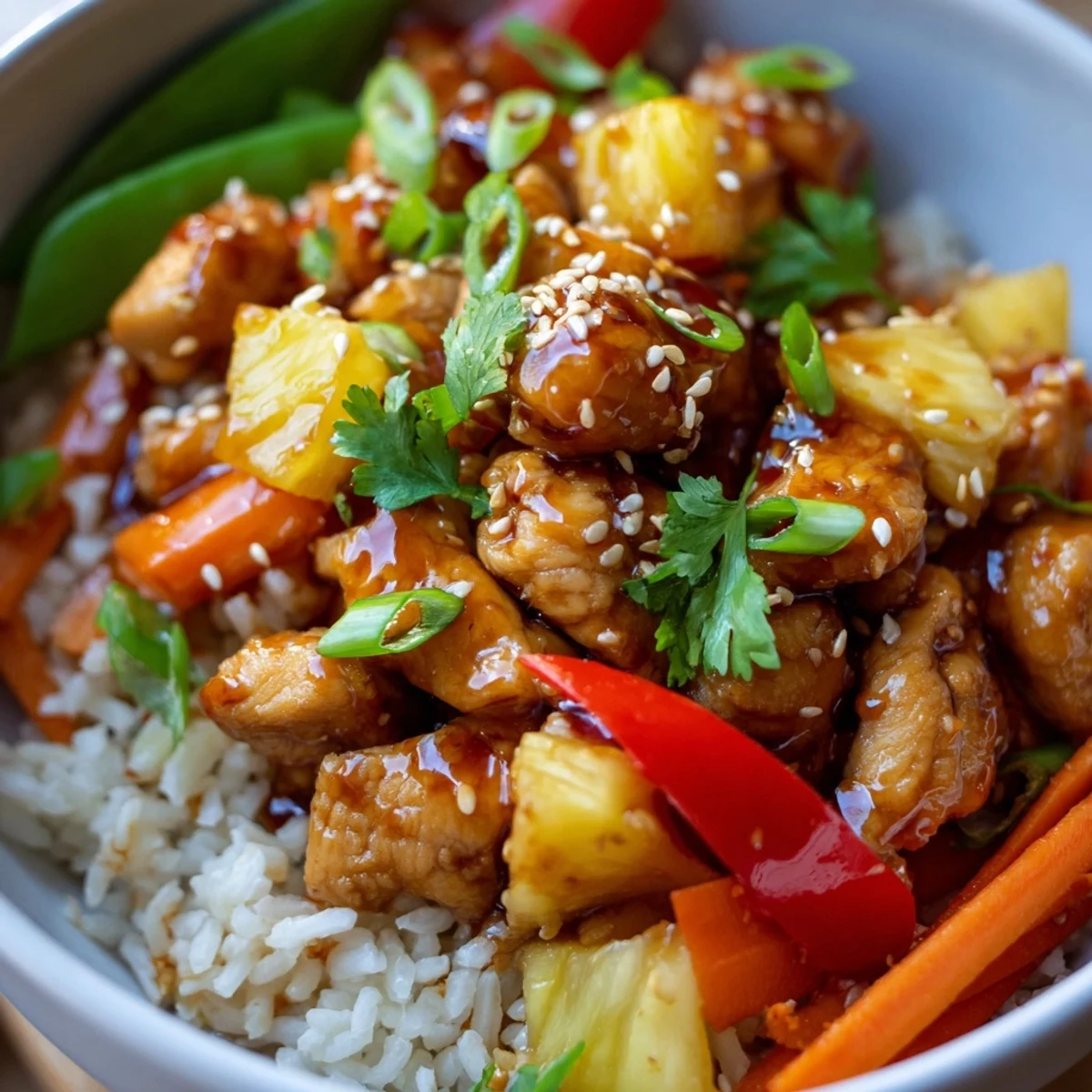 Steaming pineapple chicken rice bowl topped with sesame seeds and juicy pineapple chunks