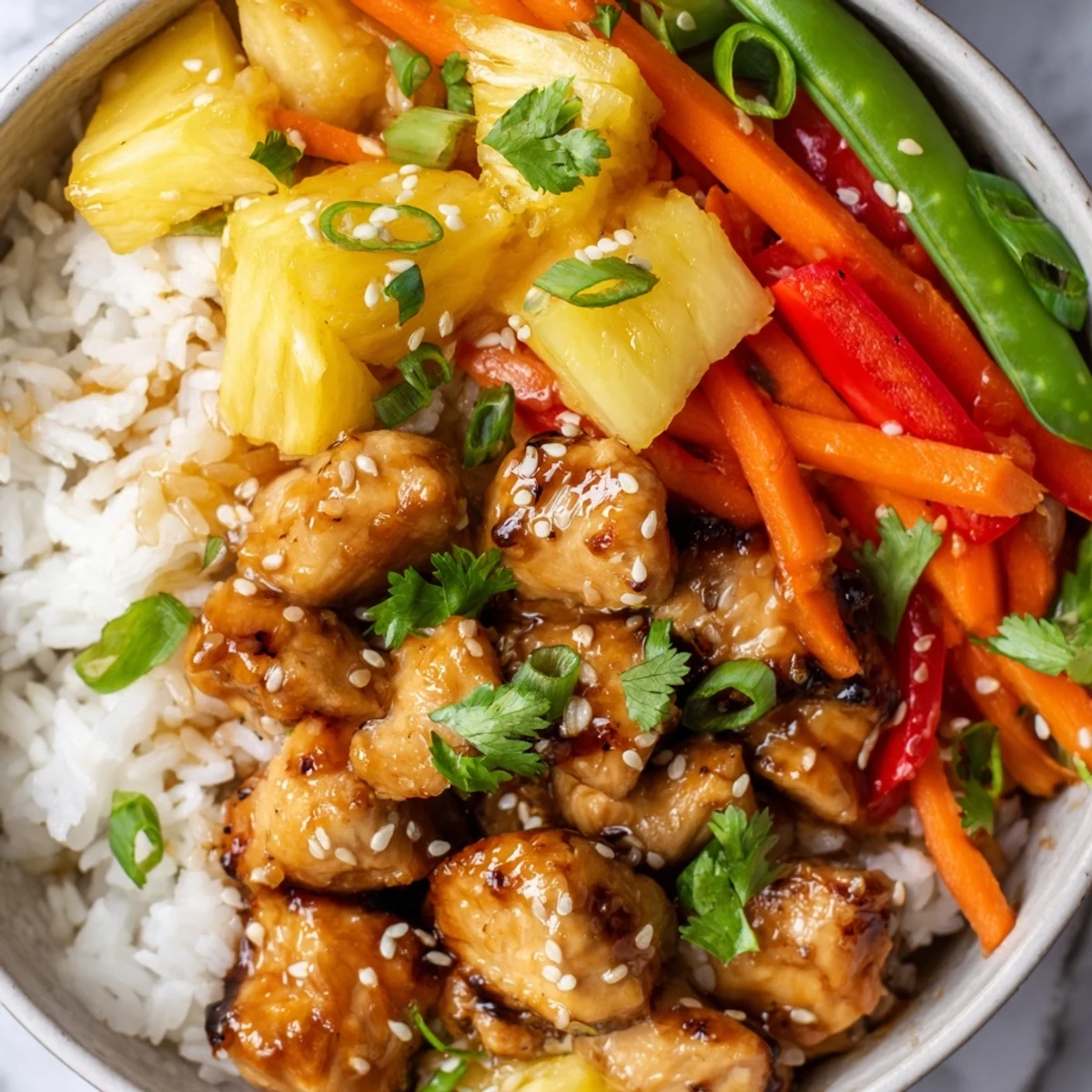 Colorful pineapple chicken rice bowl loaded with tender chicken and crisp vegetables