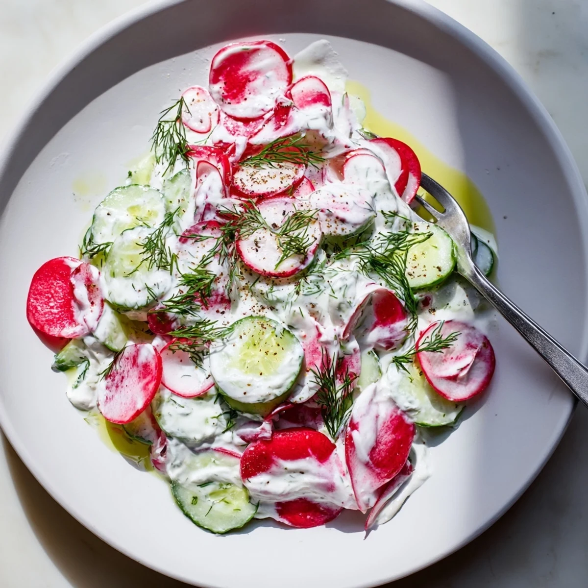 Chilled cucumber radish yogurt dill salad served as a refreshing summer side dish