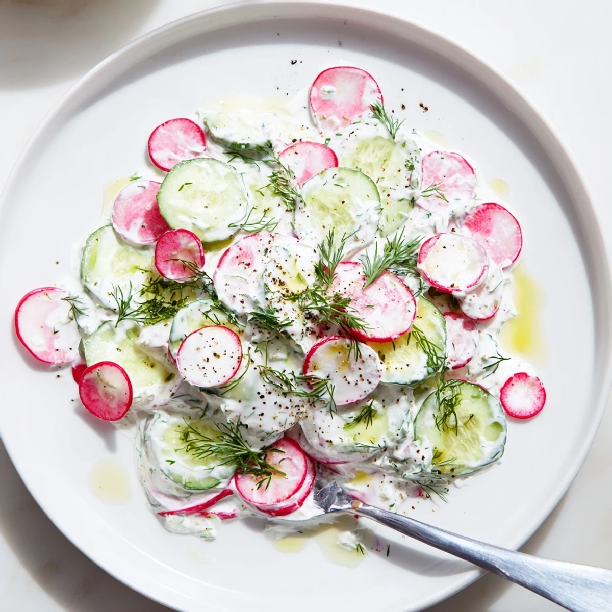 Crisp cucumbers and peppery radishes coated in tangy yogurt dill salad dressing