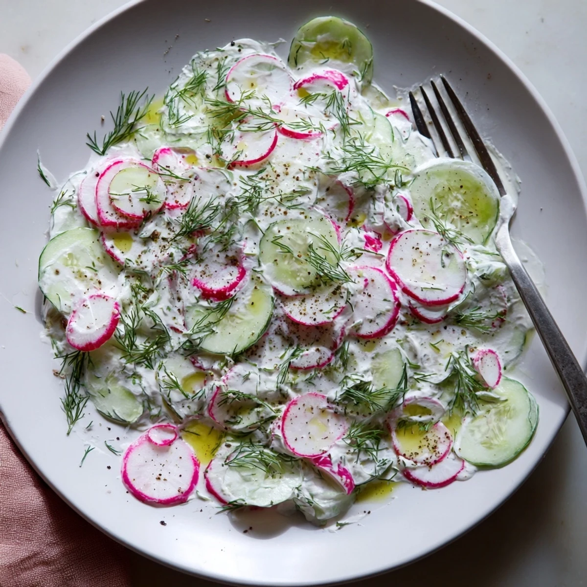 Creamy cucumber radish yogurt dill salad topped with fresh herbs in a rustic bowl