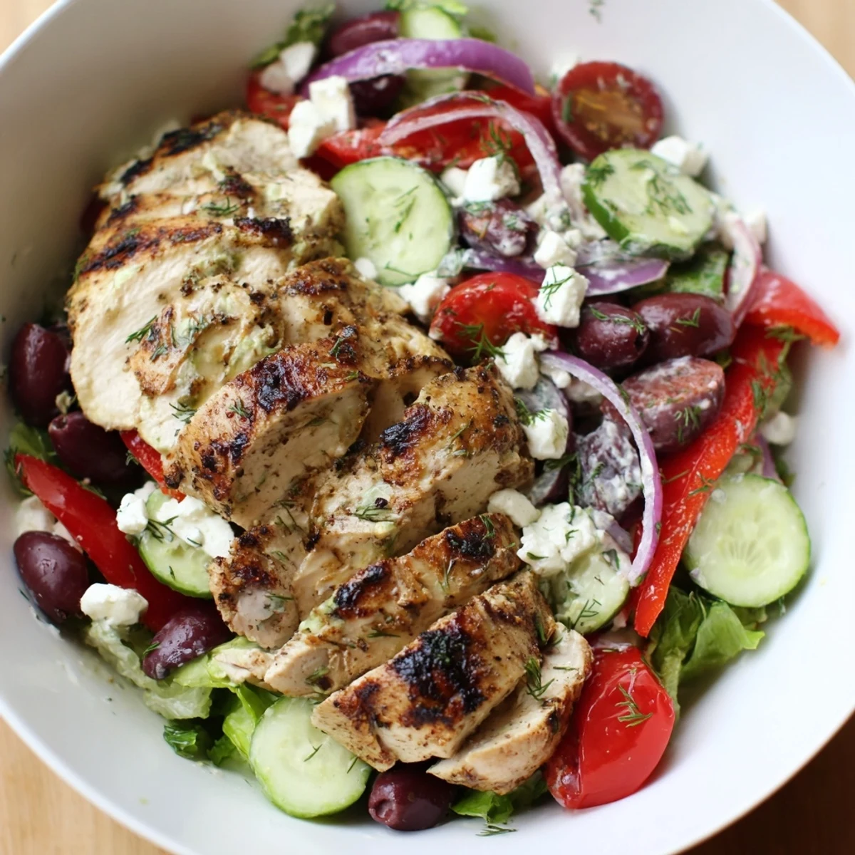 Juicy grilled chicken rests atop crisp greens in this vibrant Greek chicken salad with creamy whipped feta dressing