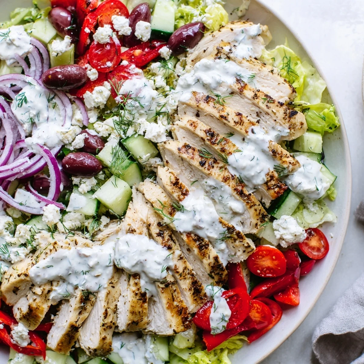 Tender sliced chicken crowns fresh Mediterranean vegetables drizzled with tangy whipped feta in this Greek chicken salad