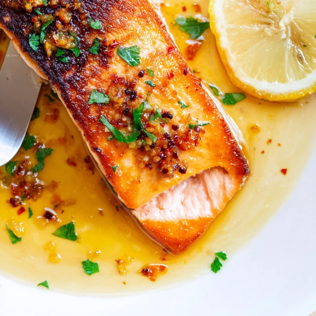 Golden garlic butter salmon fillets glistening in a zesty lemon herb pan sauce