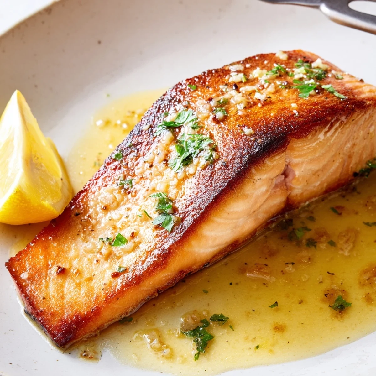 Crispy-skinned garlic butter salmon drizzled with melted butter and fresh parsley