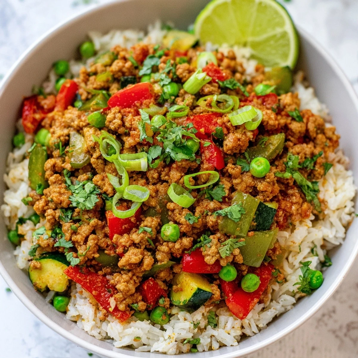 A warm spiced turkey rice bowl topped with colorful veggies and fresh cilantro